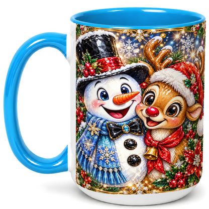 #pl[15oz|Blue] Snowman Reindeer Coffee Mug, Christmas Friends Mug, Ceramic Cup