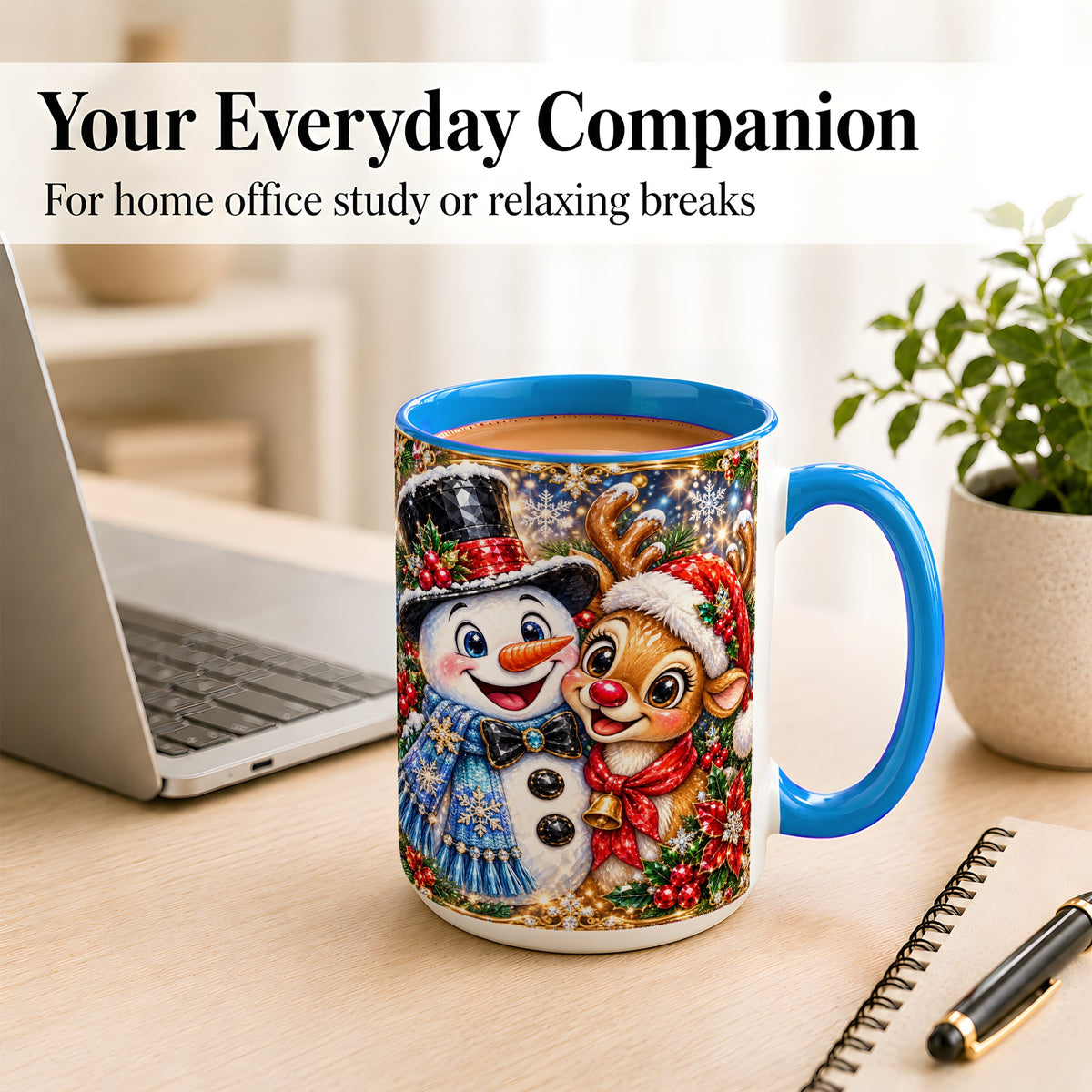 #pl[15oz|Blue] Snowman Reindeer Coffee Mug, Christmas Friends Mug, Ceramic Cup