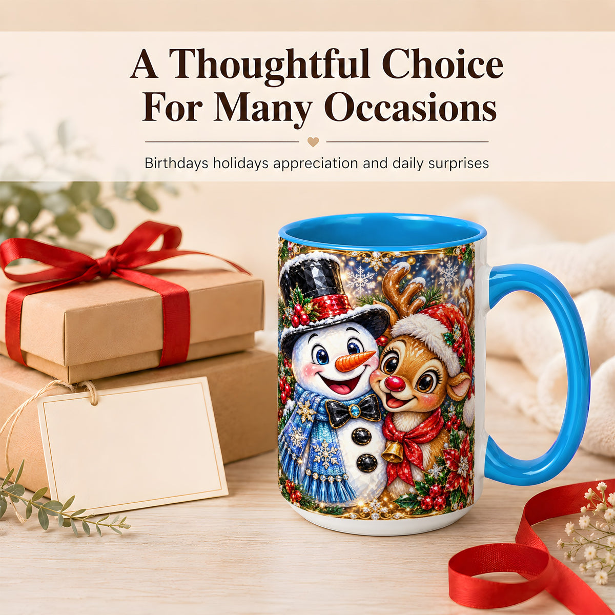 #pl[15oz|Blue] Snowman Reindeer Coffee Mug, Christmas Friends Mug, Ceramic Cup