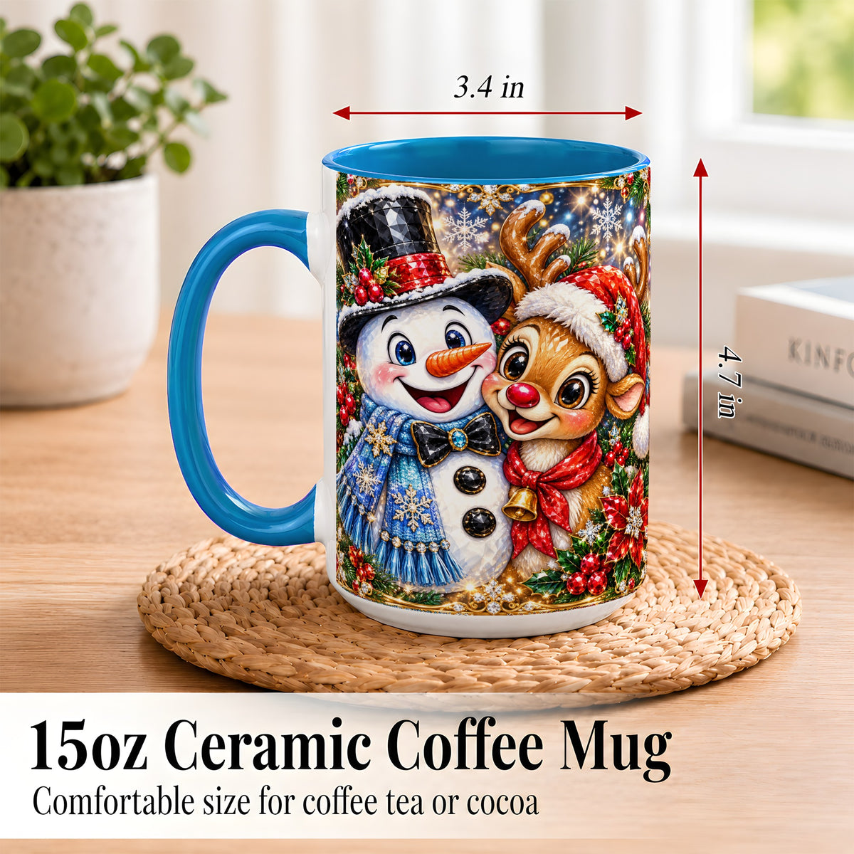 #pl[15oz|Blue] Snowman Reindeer Coffee Mug, Christmas Friends Mug, Ceramic Cup