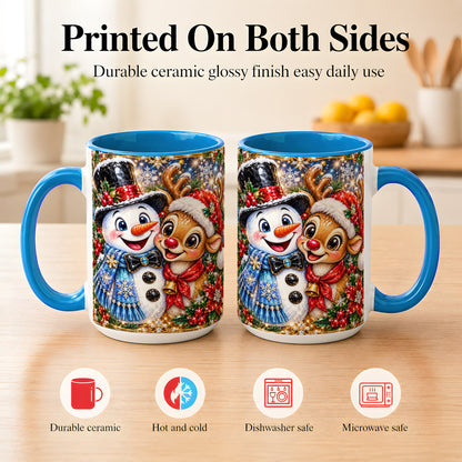 #pl[15oz|Blue] Snowman Reindeer Coffee Mug, Christmas Friends Mug, Ceramic Cup