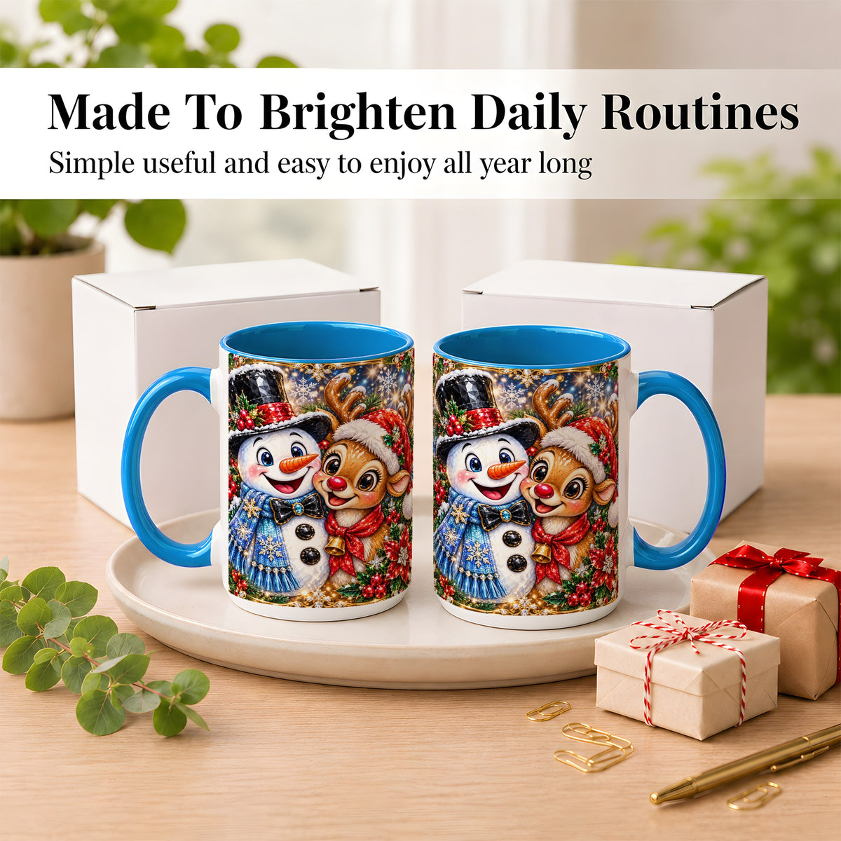 #pl[15oz|Blue] Snowman Reindeer Coffee Mug, Christmas Friends Mug, Ceramic Cup