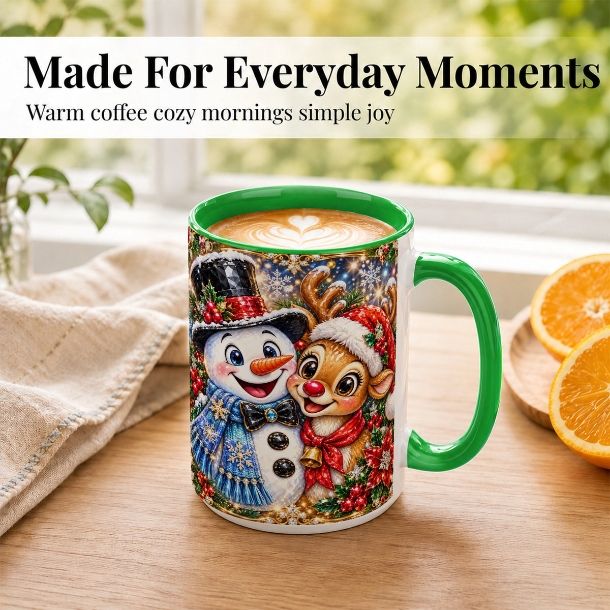 #pl[15oz|Green] Snowman Reindeer Coffee Mug, Christmas Friends Mug, Ceramic Cup