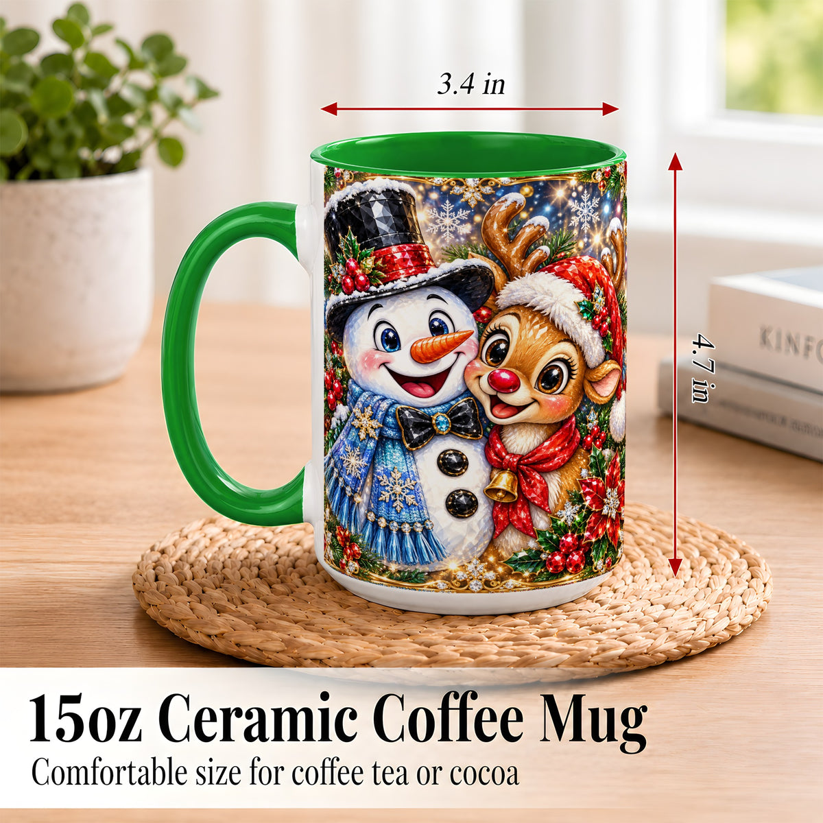 #pl[15oz|Green] Snowman Reindeer Coffee Mug, Christmas Friends Mug, Ceramic Cup
