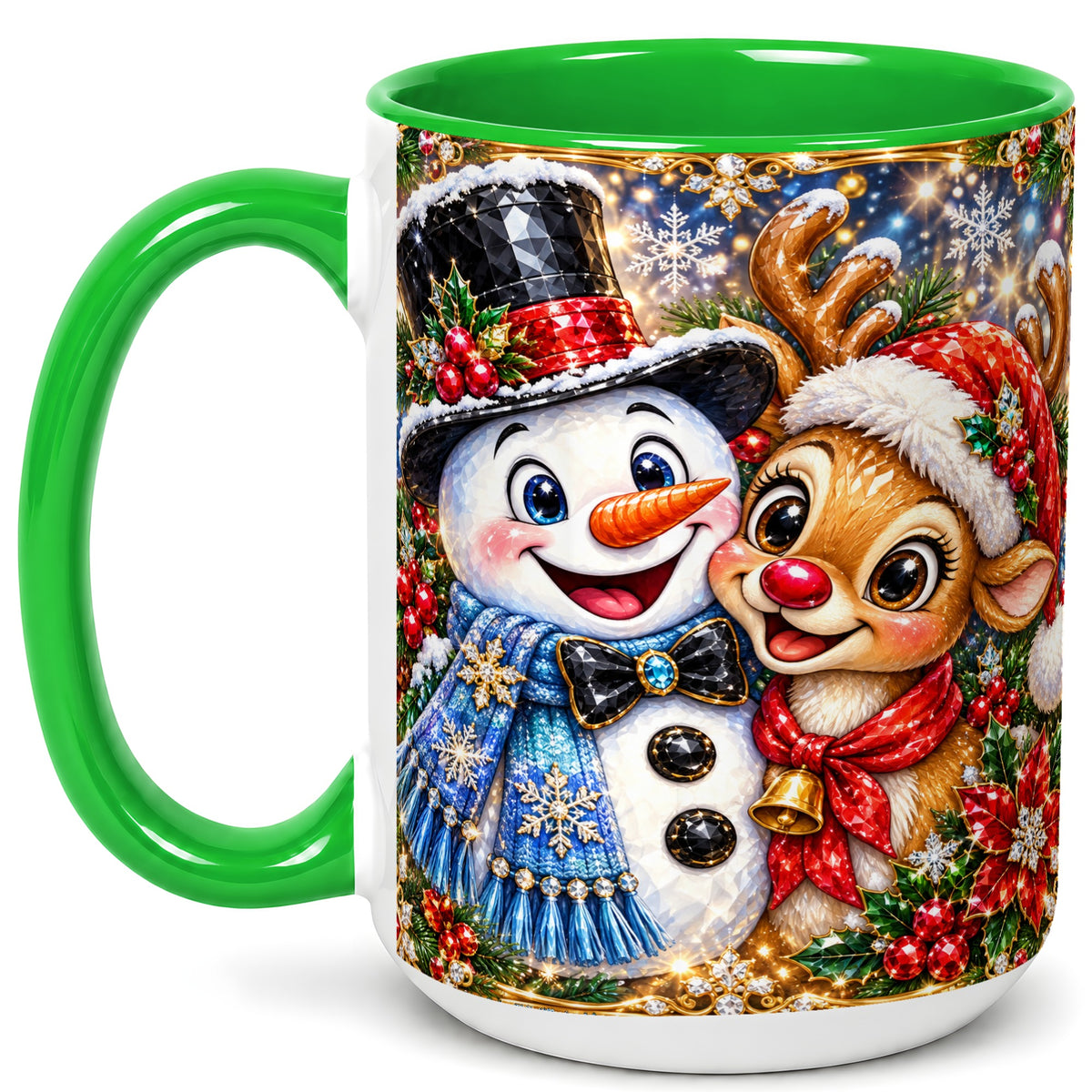 #pl[15oz|Green] Snowman Reindeer Coffee Mug, Christmas Friends Mug, Ceramic Cup