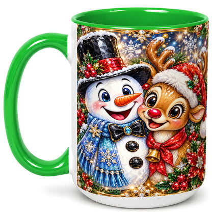 #pl[15oz|Green] Snowman Reindeer Coffee Mug, Christmas Friends Mug, Ceramic Cup