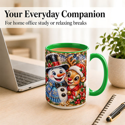 #pl[15oz|Green] Snowman Reindeer Coffee Mug, Christmas Friends Mug, Ceramic Cup