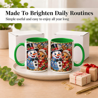 #pl[15oz|Green] Snowman Reindeer Coffee Mug, Christmas Friends Mug, Ceramic Cup