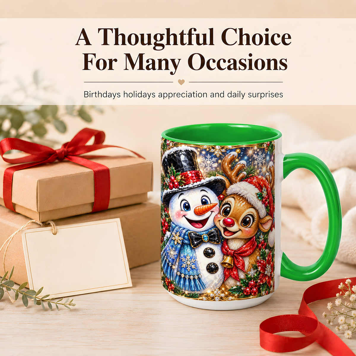 #pl[15oz|Green] Snowman Reindeer Coffee Mug, Christmas Friends Mug, Ceramic Cup