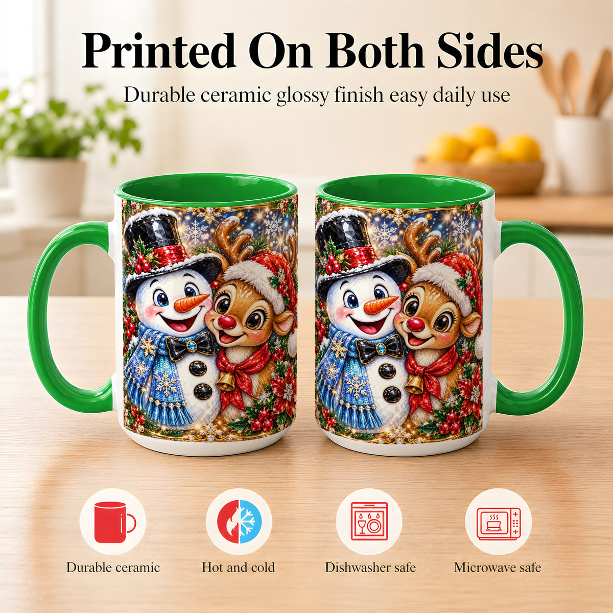 #pl[15oz|Green] Snowman Reindeer Coffee Mug, Christmas Friends Mug, Ceramic Cup