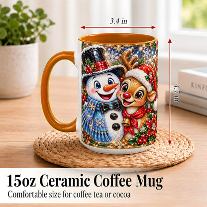 #pl[15oz|Orange] Snowman Reindeer Coffee Mug, Christmas Friends Mug, Ceramic Cup