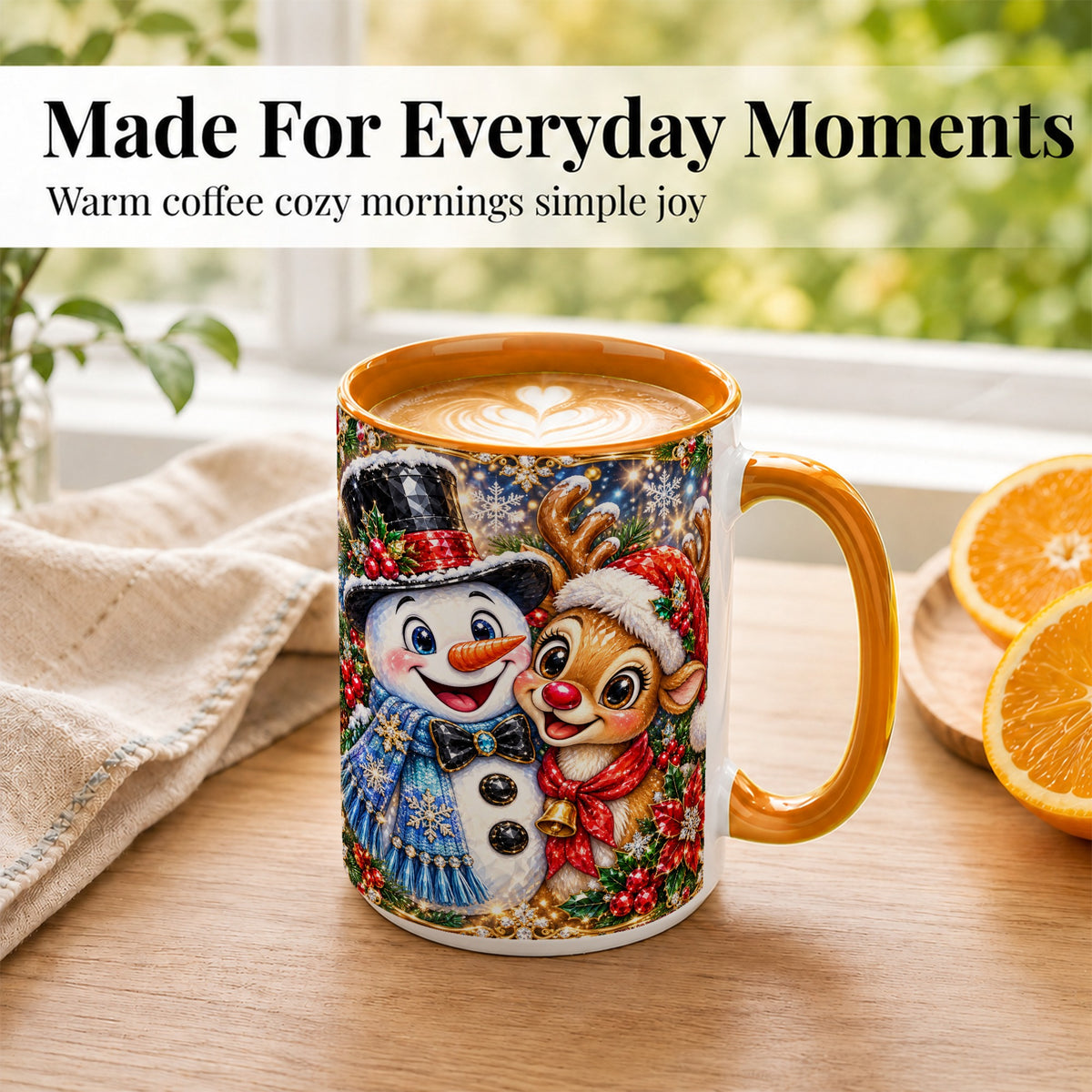 #pl[15oz|Orange] Snowman Reindeer Coffee Mug, Christmas Friends Mug, Ceramic Cup