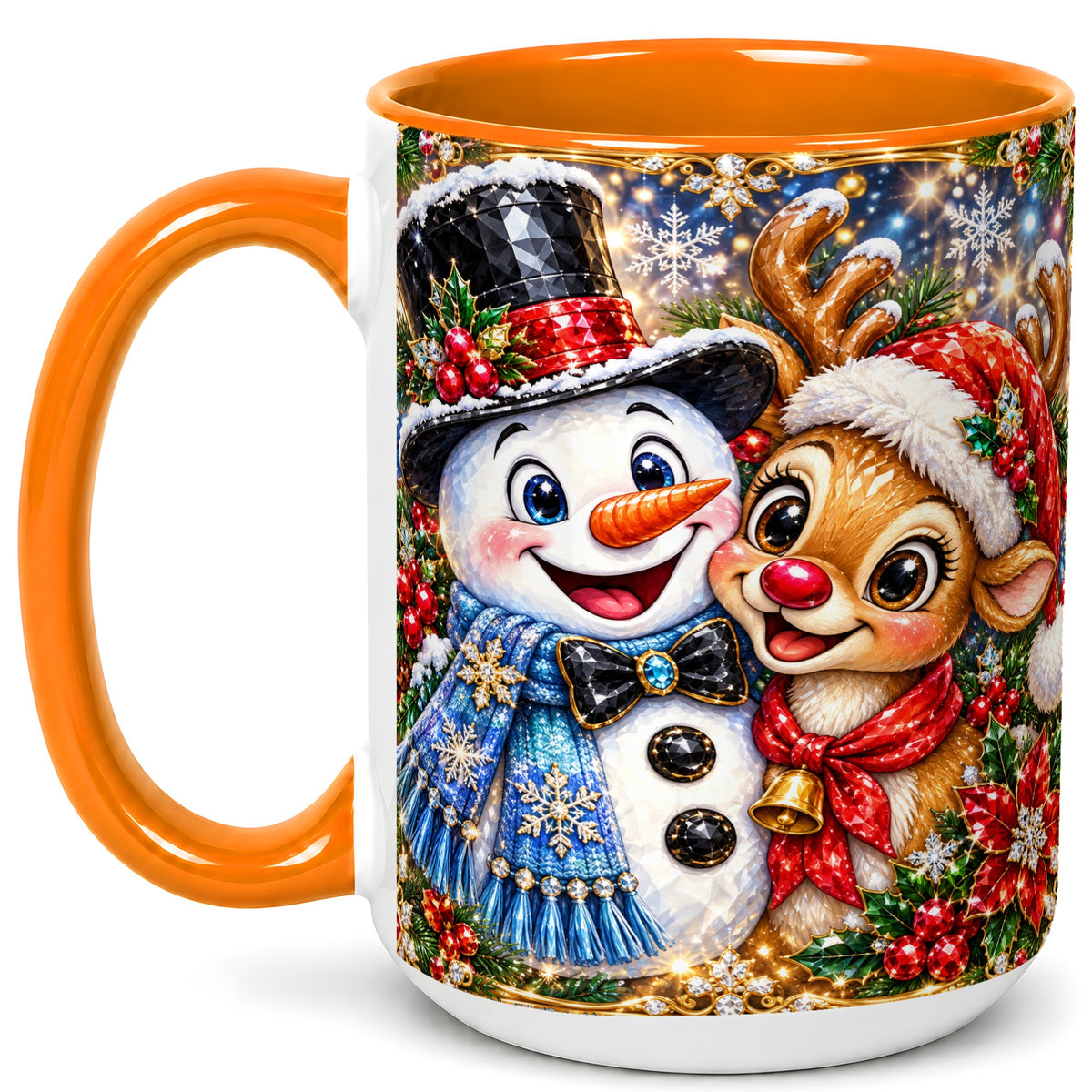 #pl[15oz|Orange] Snowman Reindeer Coffee Mug, Christmas Friends Mug, Ceramic Cup
