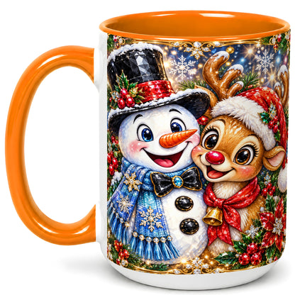 #pl[15oz|Orange] Snowman Reindeer Coffee Mug, Christmas Friends Mug, Ceramic Cup