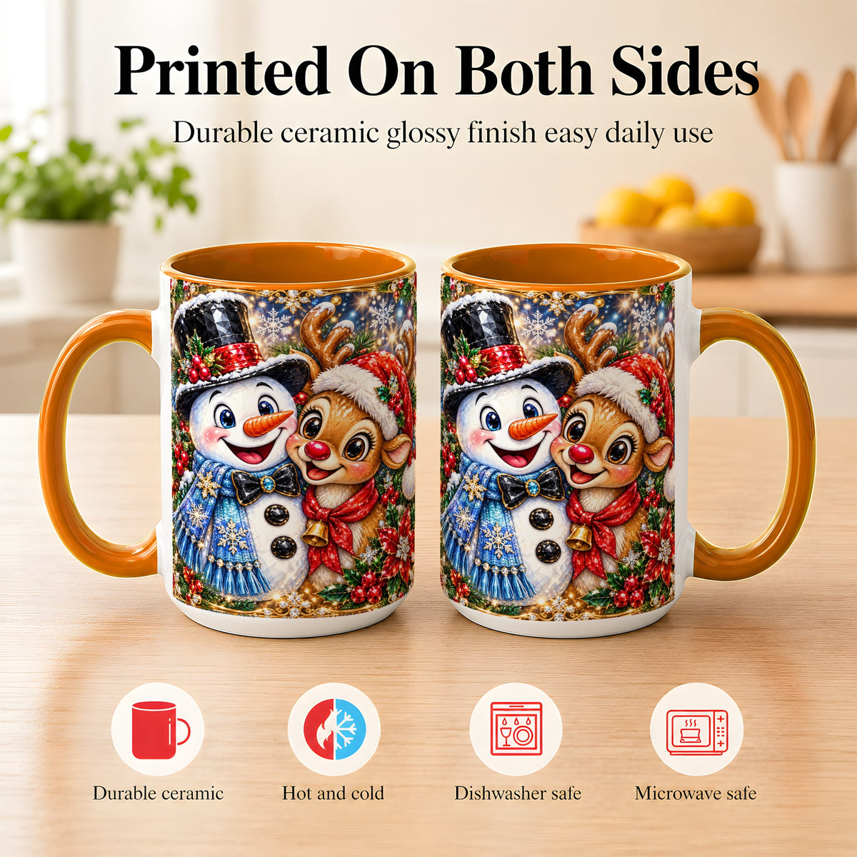 #pl[15oz|Orange] Snowman Reindeer Coffee Mug, Christmas Friends Mug, Ceramic Cup