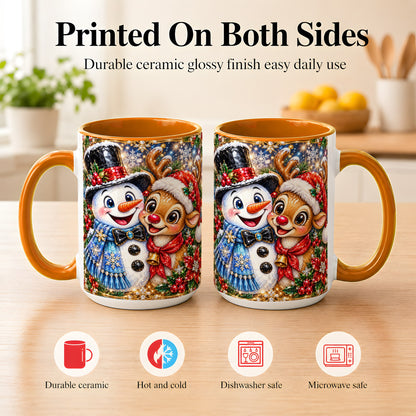 #pl[15oz|Orange] Snowman Reindeer Coffee Mug, Christmas Friends Mug, Ceramic Cup