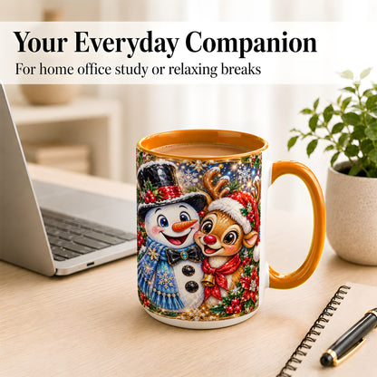 #pl[15oz|Orange] Snowman Reindeer Coffee Mug, Christmas Friends Mug, Ceramic Cup