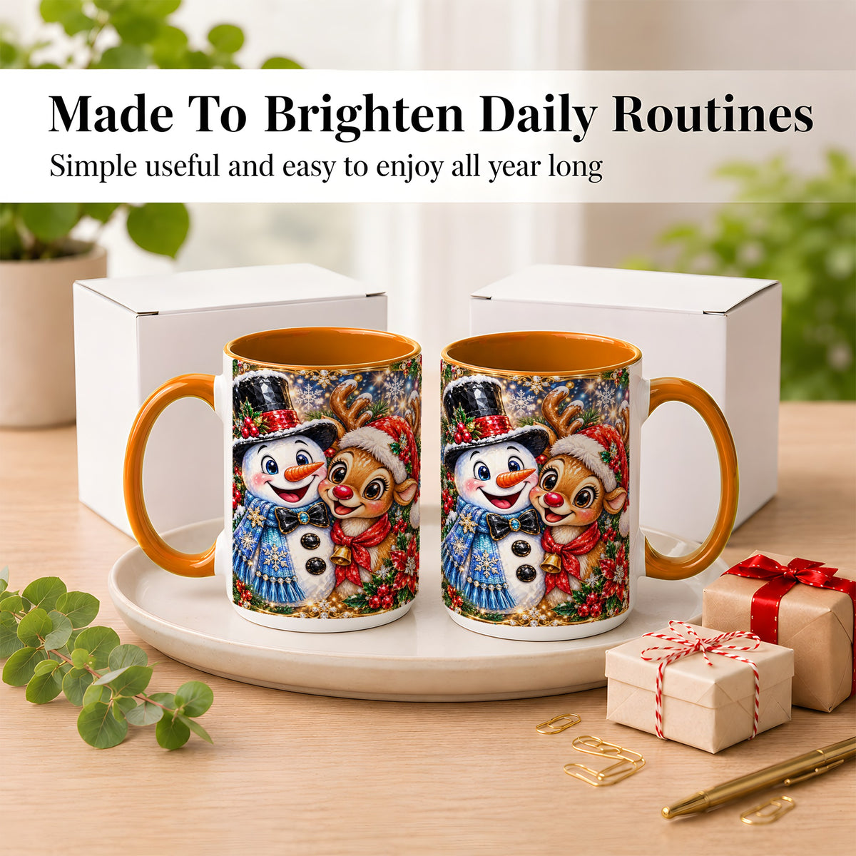 #pl[15oz|Orange] Snowman Reindeer Coffee Mug, Christmas Friends Mug, Ceramic Cup
