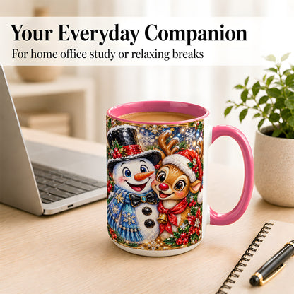 #pl[15oz|Pink] Snowman Reindeer Coffee Mug, Christmas Friends Mug, Ceramic Cup