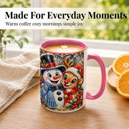 #pl[15oz|Pink] Snowman Reindeer Coffee Mug, Christmas Friends Mug, Ceramic Cup