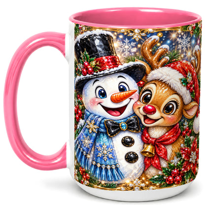 #pl[15oz|Pink] Snowman Reindeer Coffee Mug, Christmas Friends Mug, Ceramic Cup