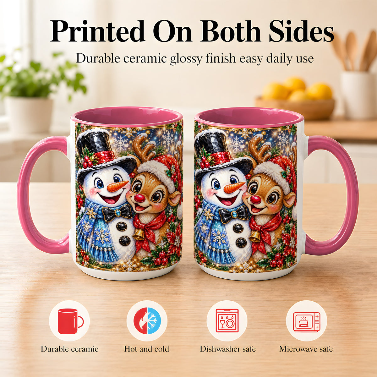 #pl[15oz|Pink] Snowman Reindeer Coffee Mug, Christmas Friends Mug, Ceramic Cup