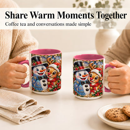 #pl[15oz|Pink] Snowman Reindeer Coffee Mug, Christmas Friends Mug, Ceramic Cup