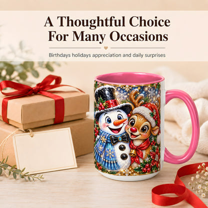#pl[15oz|Pink] Snowman Reindeer Coffee Mug, Christmas Friends Mug, Ceramic Cup