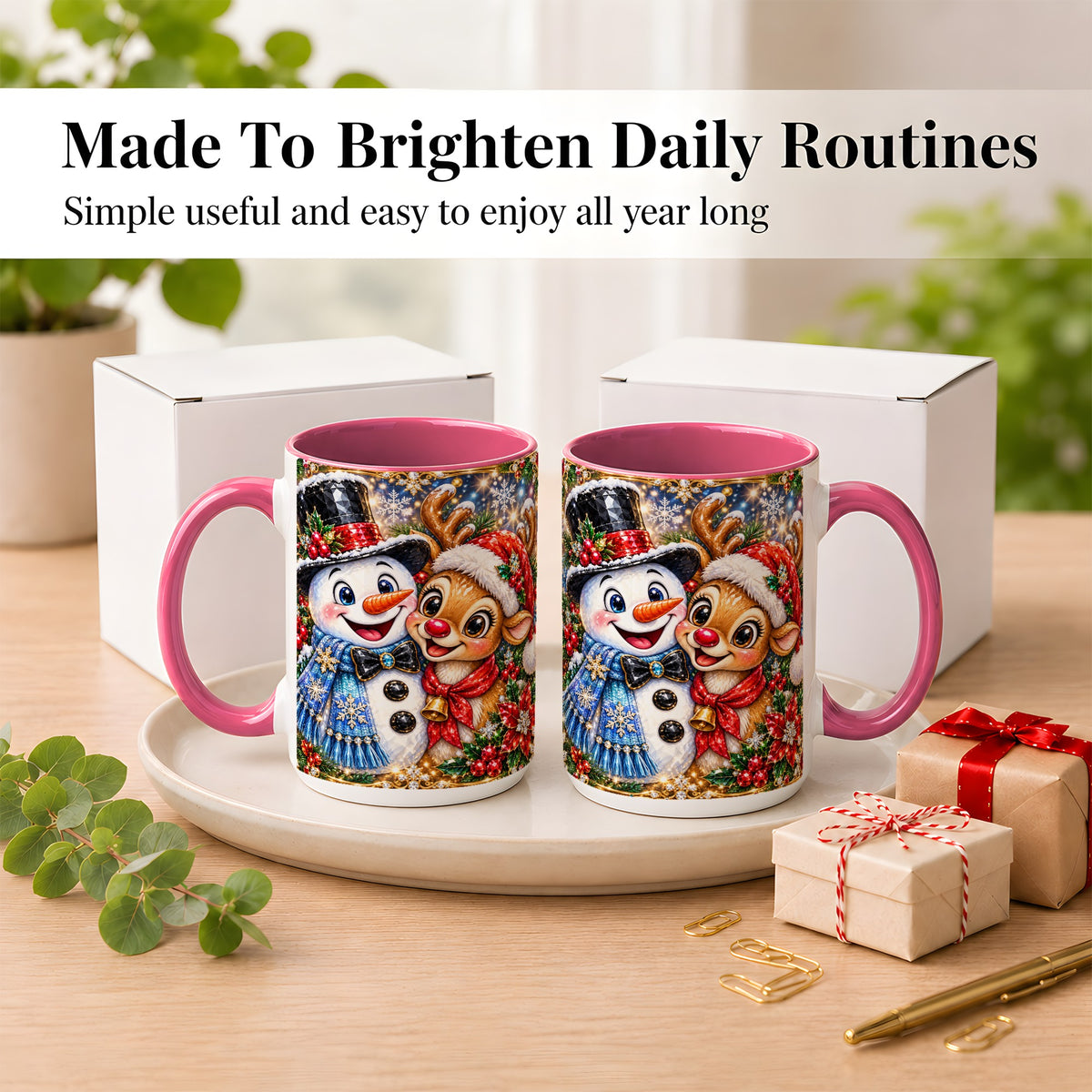 #pl[15oz|Pink] Snowman Reindeer Coffee Mug, Christmas Friends Mug, Ceramic Cup