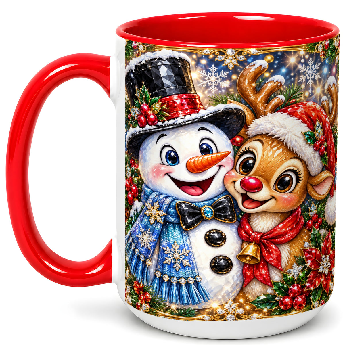 #pl[15oz|Red] Snowman Reindeer Coffee Mug, Christmas Friends Mug, Ceramic Cup