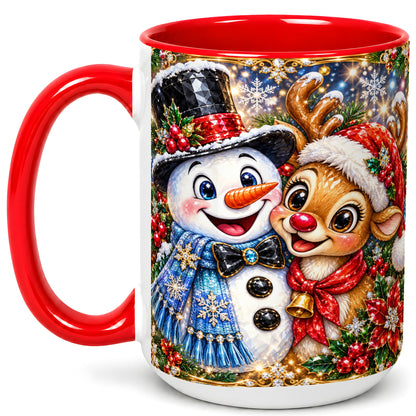 #pl[15oz|Red] Snowman Reindeer Coffee Mug, Christmas Friends Mug, Ceramic Cup