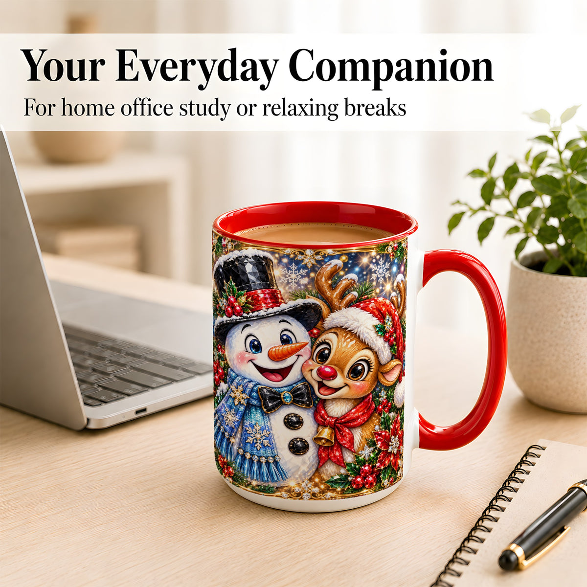 #pl[15oz|Red] Snowman Reindeer Coffee Mug, Christmas Friends Mug, Ceramic Cup