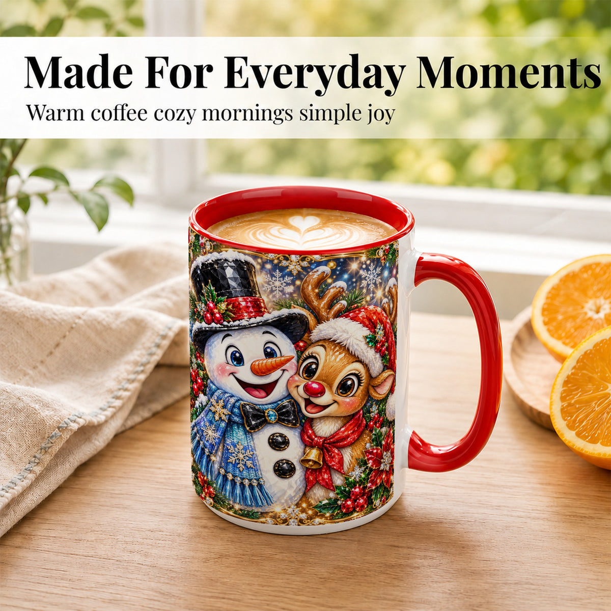 #pl[15oz|Red] Snowman Reindeer Coffee Mug, Christmas Friends Mug, Ceramic Cup
