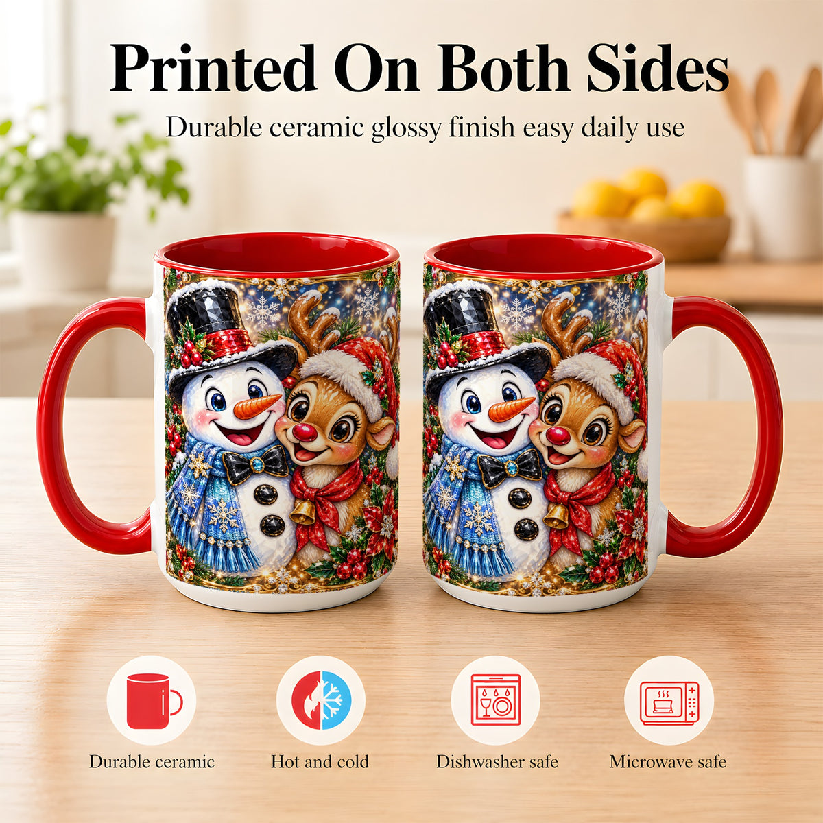 #pl[15oz|Red] Snowman Reindeer Coffee Mug, Christmas Friends Mug, Ceramic Cup