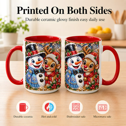 #pl[15oz|Red] Snowman Reindeer Coffee Mug, Christmas Friends Mug, Ceramic Cup