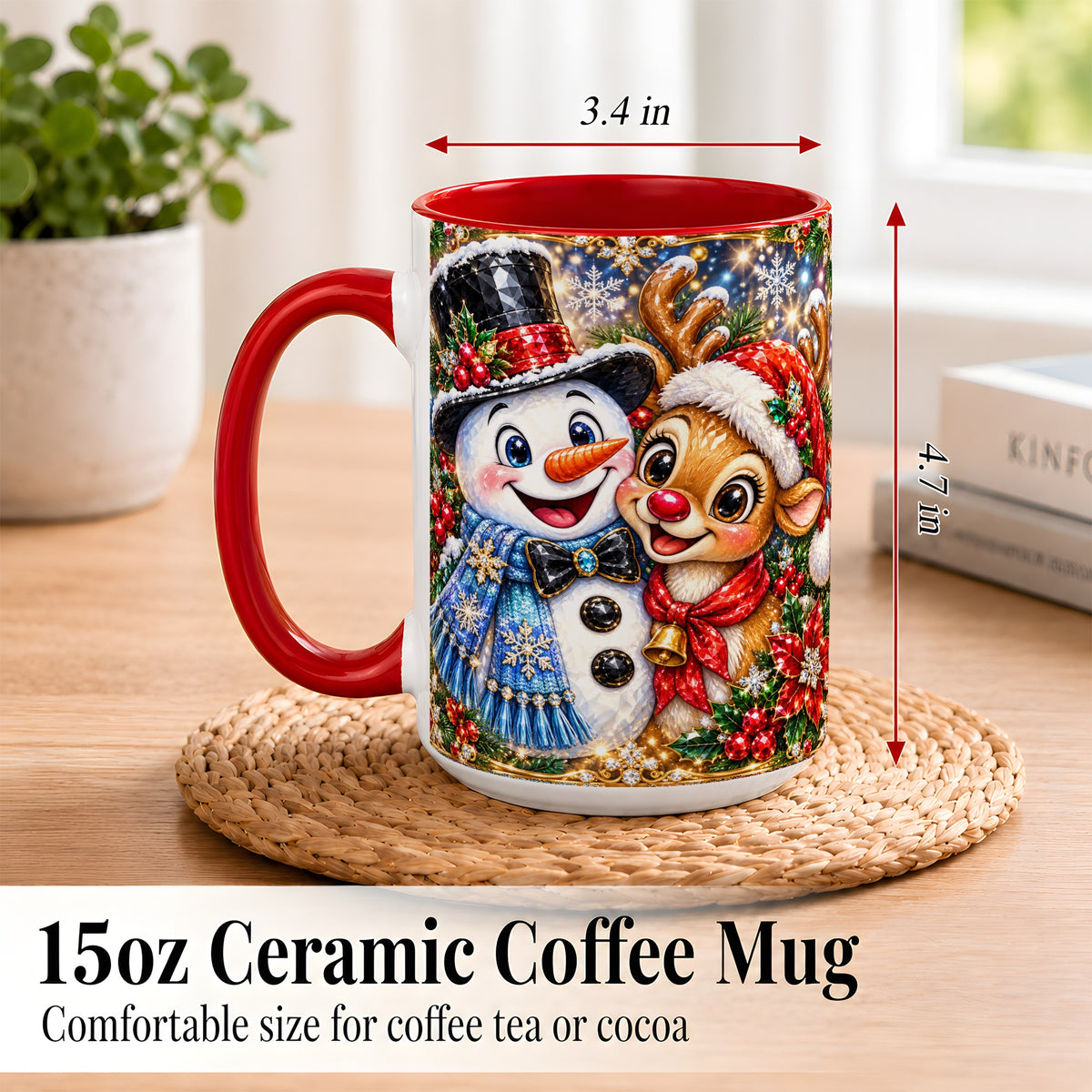 #pl[15oz|Red] Snowman Reindeer Coffee Mug, Christmas Friends Mug, Ceramic Cup