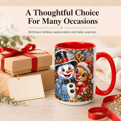 #pl[15oz|Red] Snowman Reindeer Coffee Mug, Christmas Friends Mug, Ceramic Cup