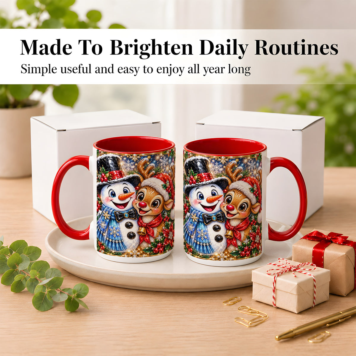 #pl[15oz|Red] Snowman Reindeer Coffee Mug, Christmas Friends Mug, Ceramic Cup
