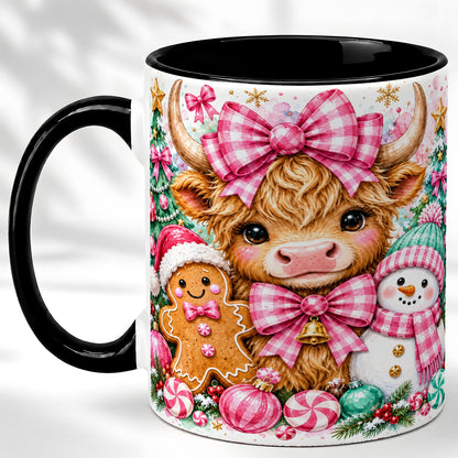 #pl[11oz|Black] Highland Cow Coffee Mug, Pink Christmas Mug, Ceramic Cup