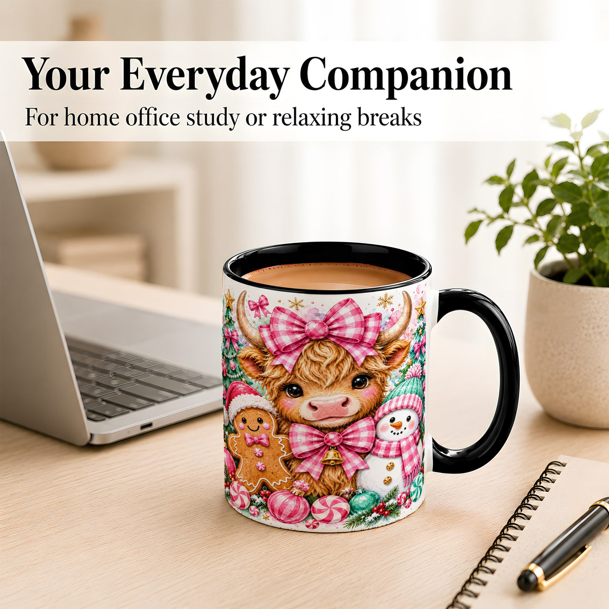 #pl[11oz|Black] Highland Cow Coffee Mug, Pink Christmas Mug, Ceramic Cup