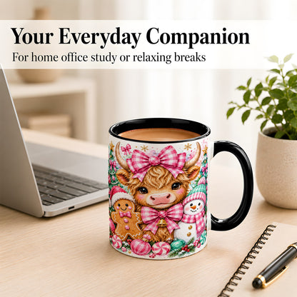 #pl[11oz|Black] Highland Cow Coffee Mug, Pink Christmas Mug, Ceramic Cup