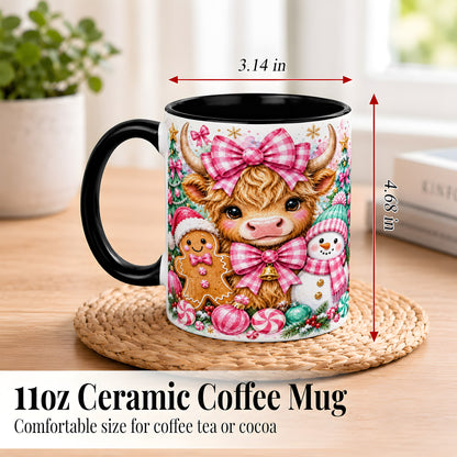 #pl[11oz|Black] Highland Cow Coffee Mug, Pink Christmas Mug, Ceramic Cup