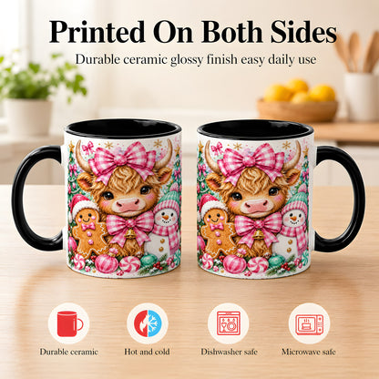 #pl[11oz|Black] Highland Cow Coffee Mug, Pink Christmas Mug, Ceramic Cup