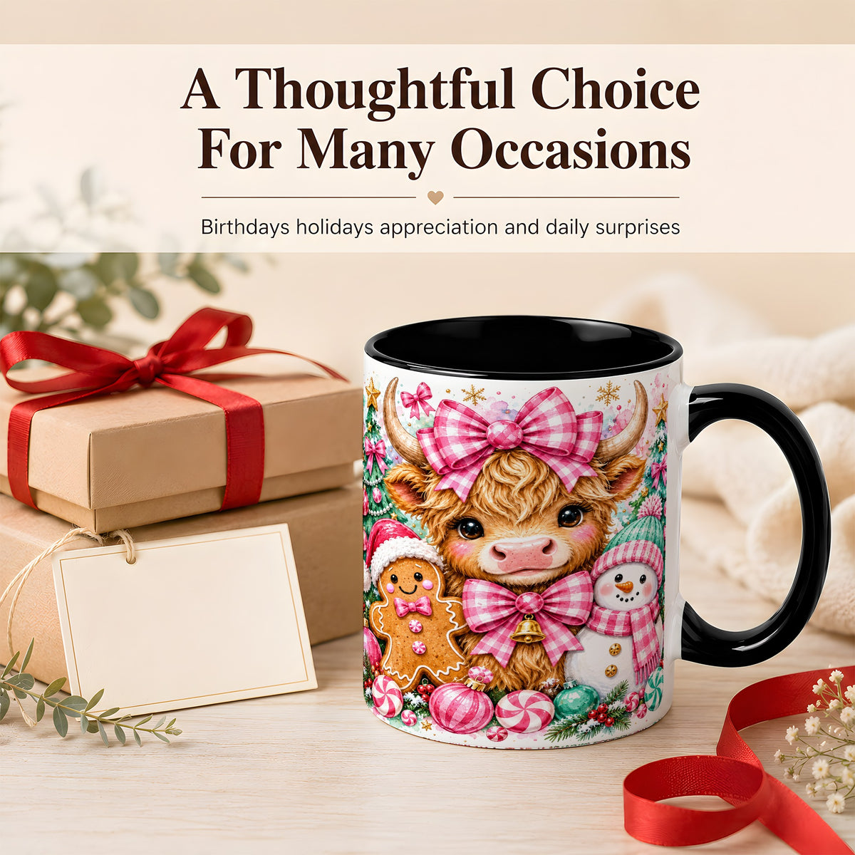 #pl[11oz|Black] Highland Cow Coffee Mug, Pink Christmas Mug, Ceramic Cup