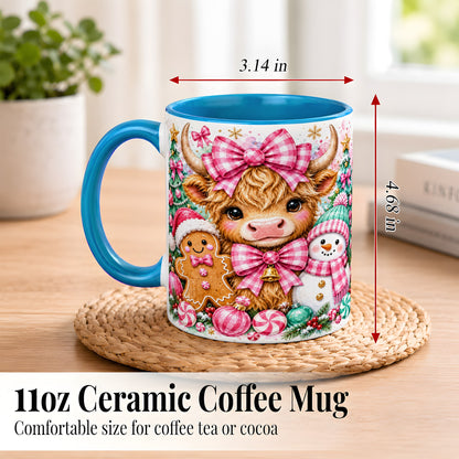 #pl[11oz|Blue] Highland Cow Coffee Mug, Pink Christmas Mug, Ceramic Cup