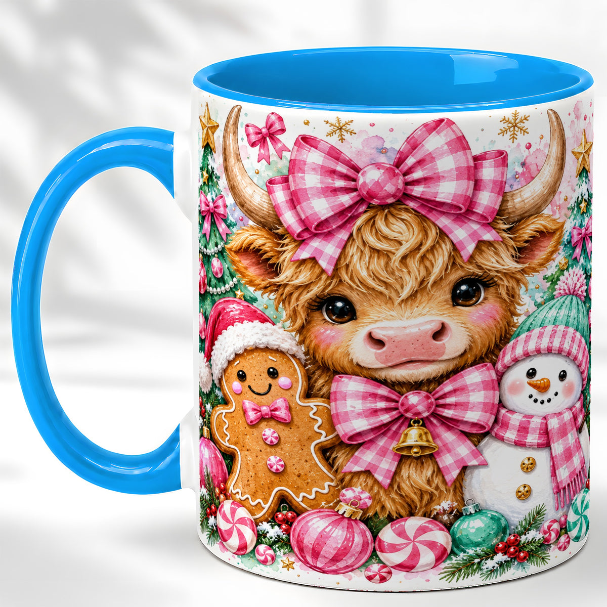 #pl[11oz|Blue] Highland Cow Coffee Mug, Pink Christmas Mug, Ceramic Cup