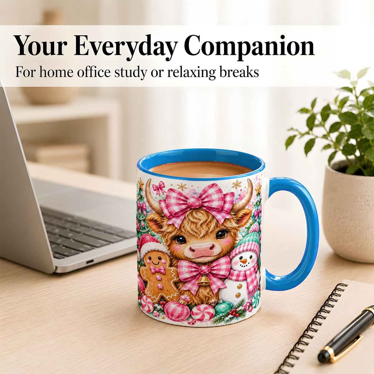 #pl[11oz|Blue] Highland Cow Coffee Mug, Pink Christmas Mug, Ceramic Cup