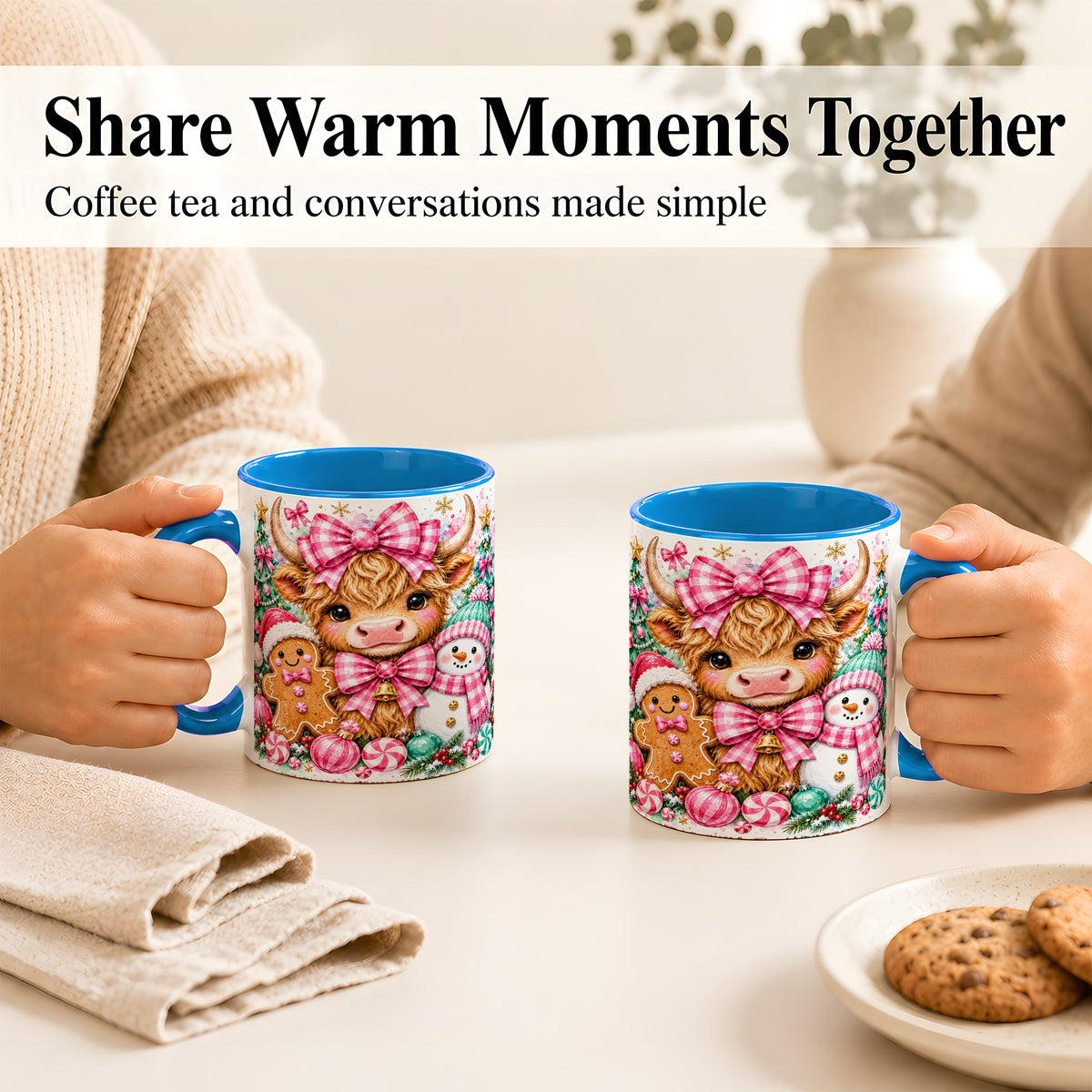 #pl[11oz|Blue] Highland Cow Coffee Mug, Pink Christmas Mug, Ceramic Cup