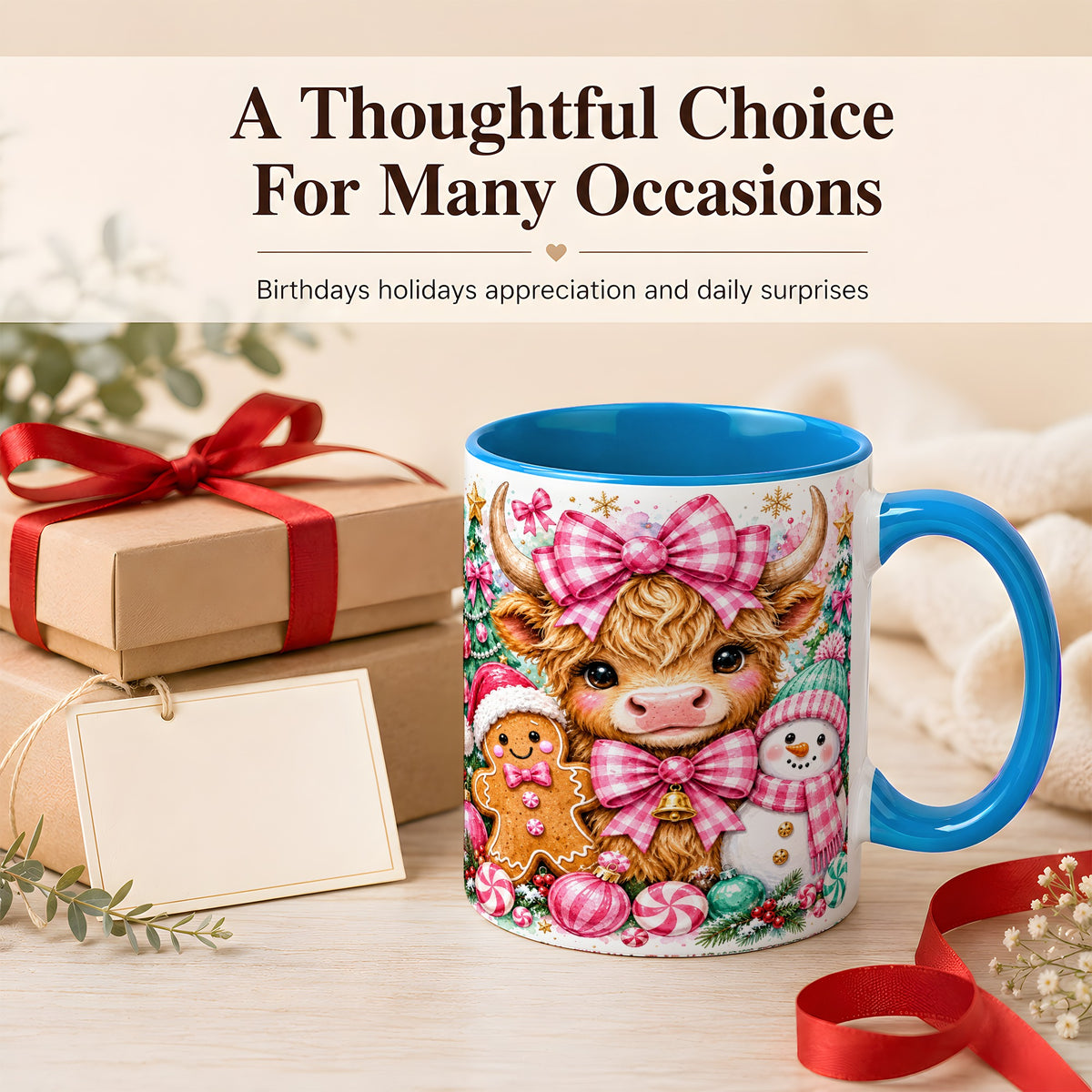 #pl[11oz|Blue] Highland Cow Coffee Mug, Pink Christmas Mug, Ceramic Cup