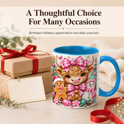#pl[11oz|Blue] Highland Cow Coffee Mug, Pink Christmas Mug, Ceramic Cup